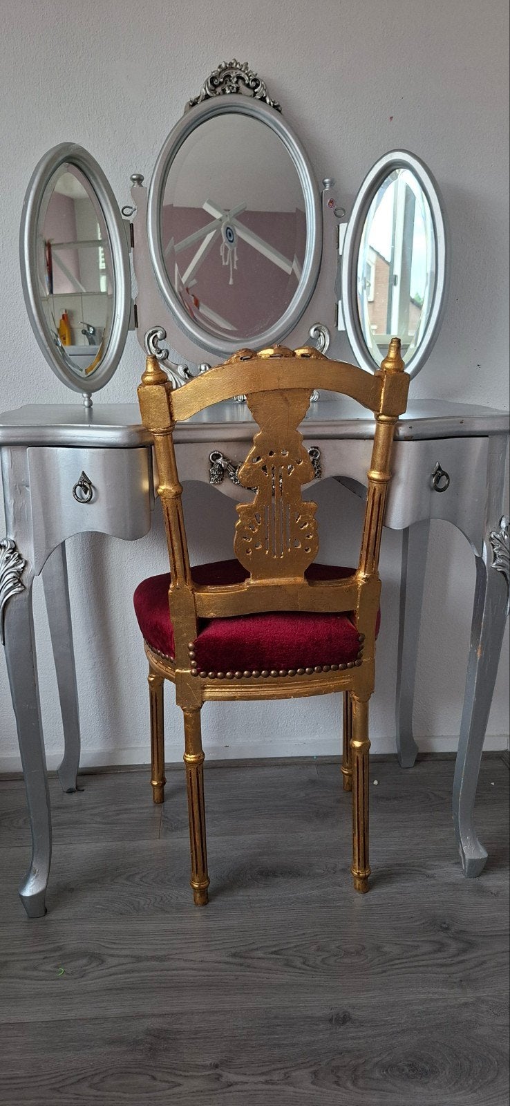 Kaptafel met spiegel en stoel - Zilver en Goud, Antiek en Kunst, Ophalen, Ovaal, 50 tot 100 cm, 100 tot 150 cm