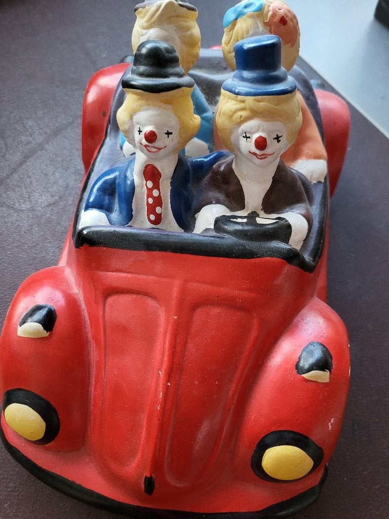 Vintage Aardewerk Spaarpot: Clowns in Auto, Verzamelen, Ophalen of Verzenden, Zo goed als nieuw, Overige typen