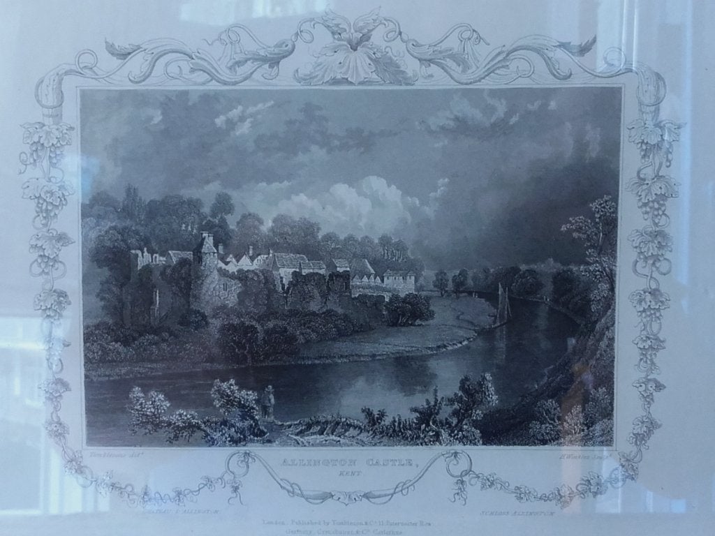 Allington castle mooie antieke ingelijste ets uit Engeland., Ingelijst, 1800 - 1899, Ets, Ophalen of Verzenden