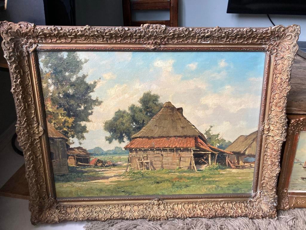 Gerard Wiegman - Landschap met boerderijen, in nette staat, Antiek en Kunst, Ophalen of Verzenden