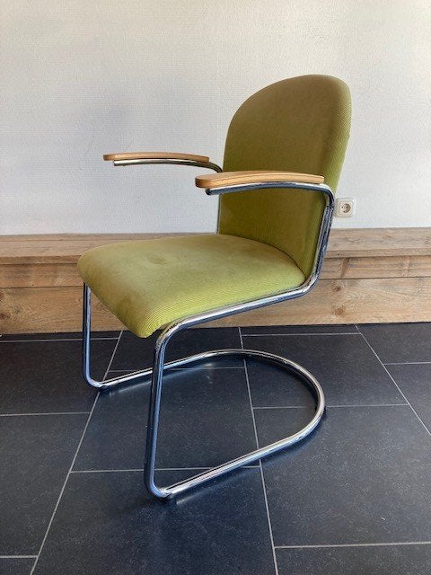 3 Gispen 413 RL stoelen, chroom, nieuwe ribstof naar keuze, Gebruikt, Drie, Design, Stof