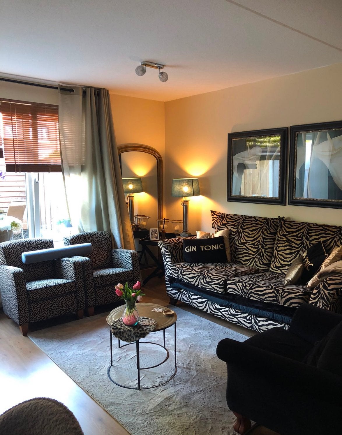 Zebraprint bank en 2 panter fauteuils, Huis en Inrichting, Ophalen, Gebruikt, Driepersoons, 75 tot 100 cm