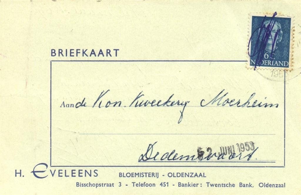 H. Eveleens - Bloemisterij - Oldenzaal - 04. 1953 - briefkaa, Ophalen of Verzenden, Briefkaart
