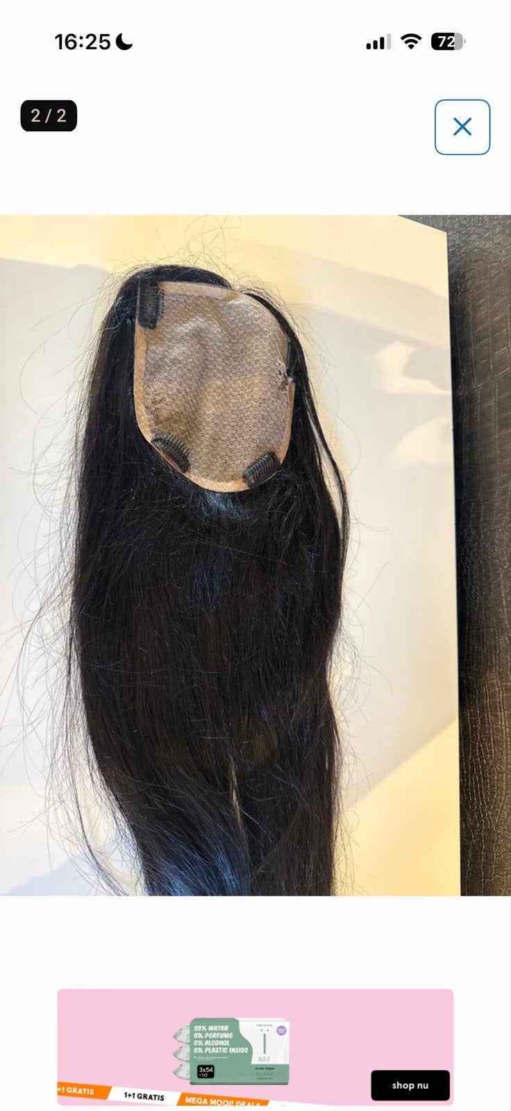 Echt haar V-part pruik donkerbruin, weinig gedragen, Ophalen of Verzenden, Zo goed als nieuw, Pruik of Haarverlenging
