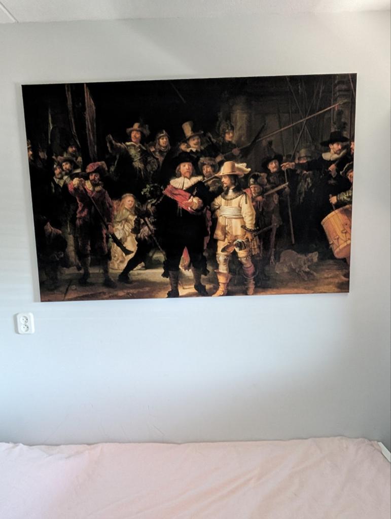 Op Canvas de Nachtwacht van Rembrandt, Ophalen