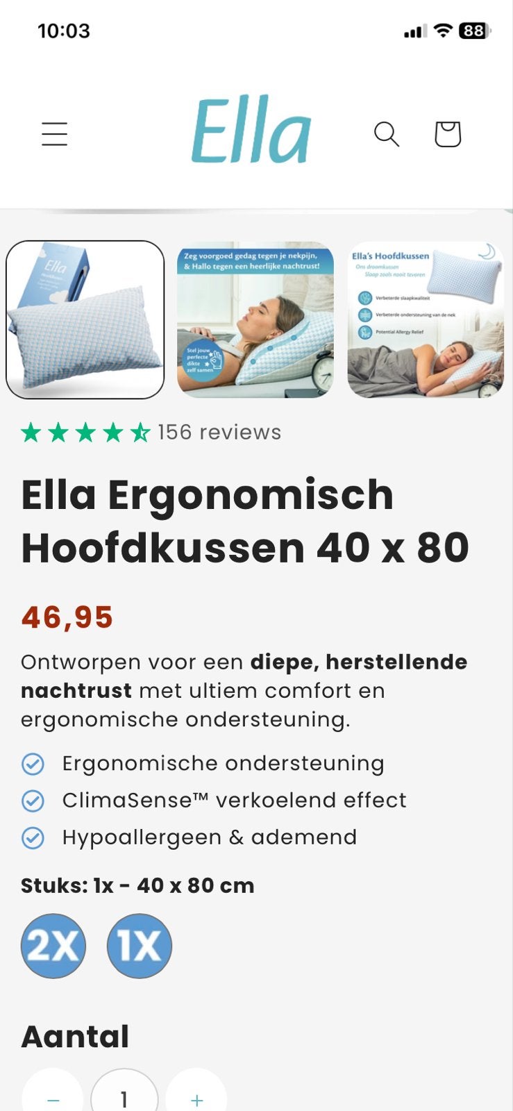 Ella Ergonomisch Hoofdkussen - Memory Foam & Bamboe, Ophalen, Eenpersoons, Wit, Nieuw