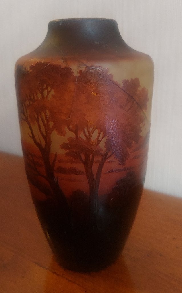 art nouveau vaas pate de verre  D"Argental decor paysage, Antiek en Kunst, Ophalen of Verzenden