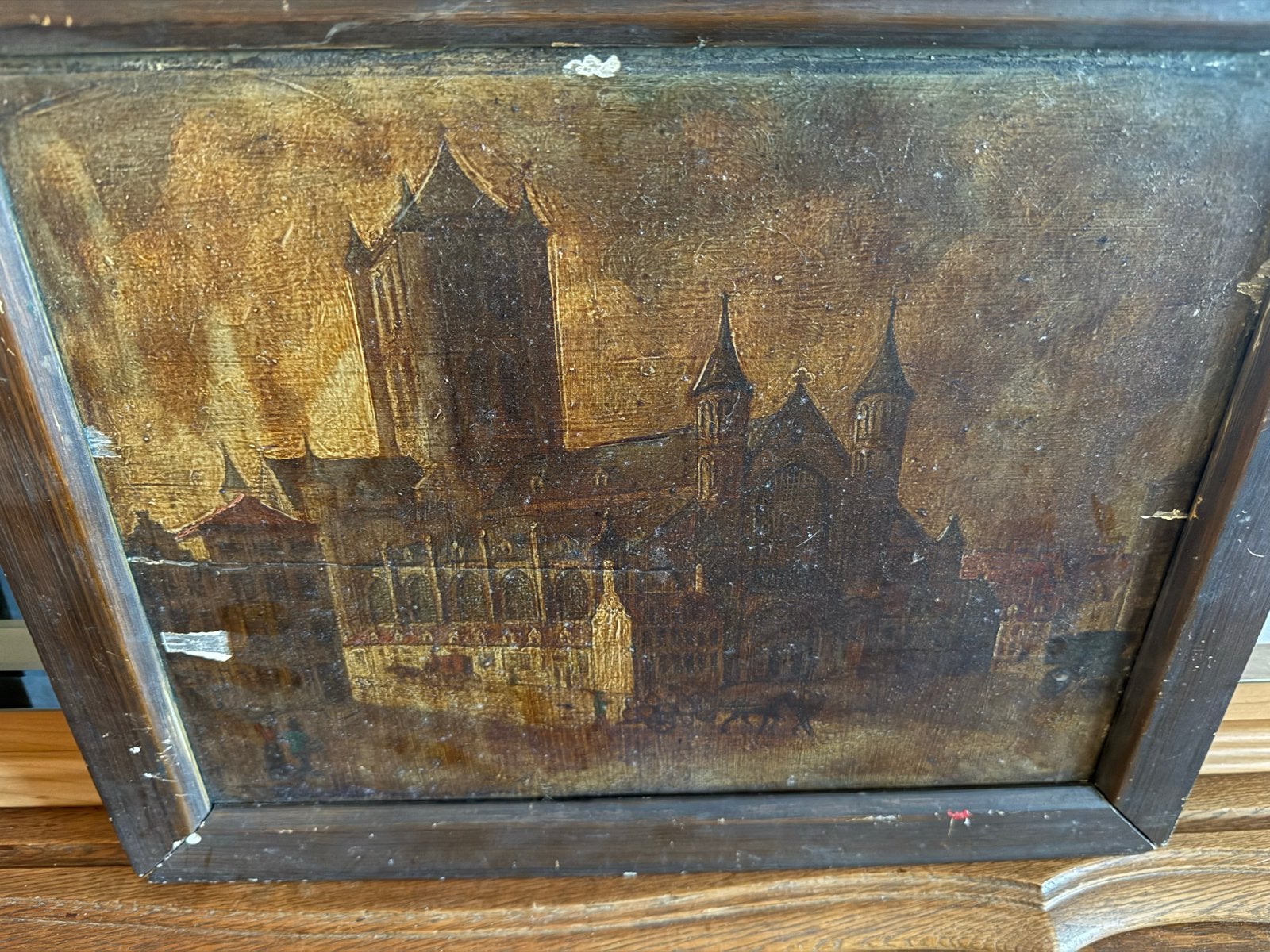 Oud schilderij stadsgezicht met kerk in houten lijst, Paneel, Ophalen of Verzenden, Olieverf, Klassiek