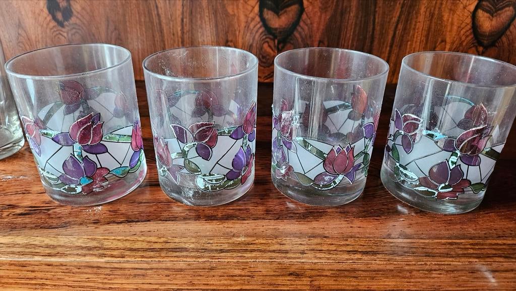 Set vintage glazen met Tiffany bloemmotief bedrukking Teab, Ophalen, Zo goed als nieuw, Overige typen