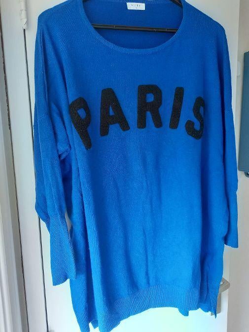 blauw kilky dun truitje TU one size met zwarte letters paris, Ophalen of Verzenden, Gedragen, Blauw, Trui of Vest