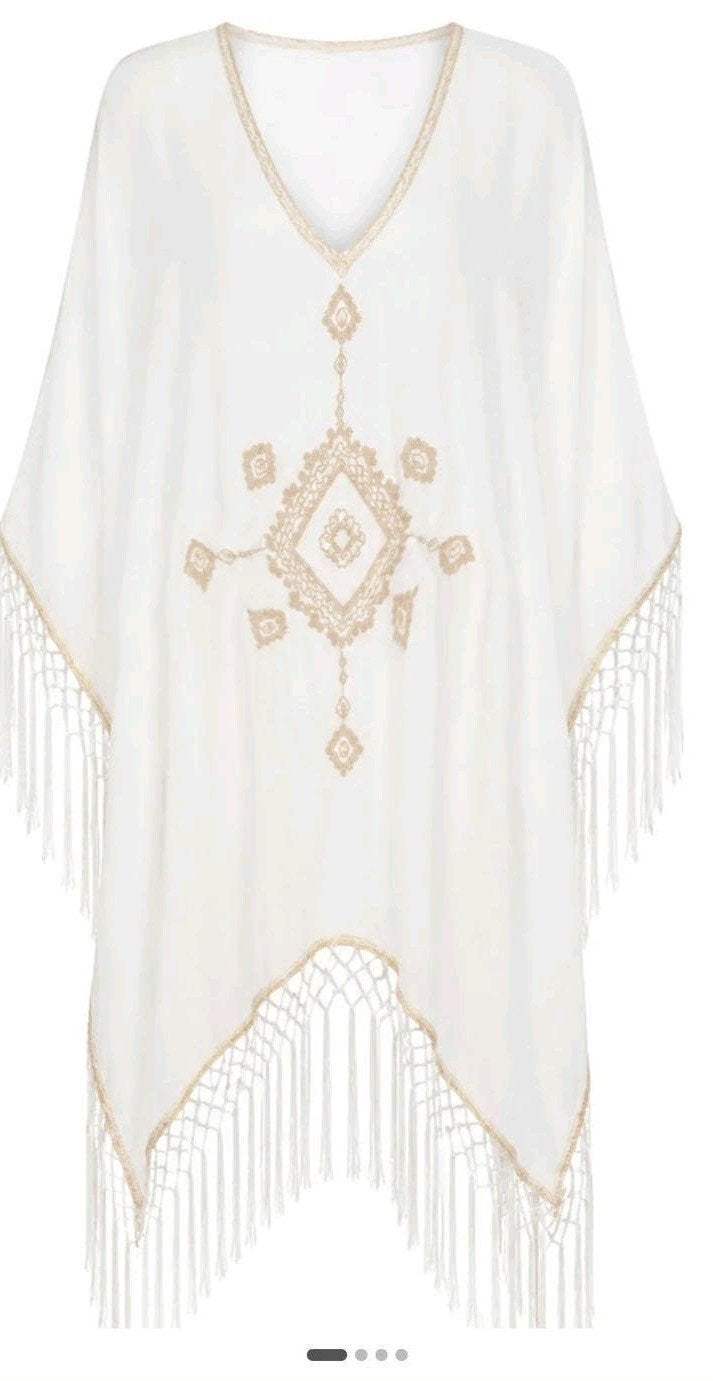 IBIZAMODE kaftan zgan in wit/goud en franje, Kleding | Dames, Ophalen of Verzenden, Zo goed als nieuw, Wit