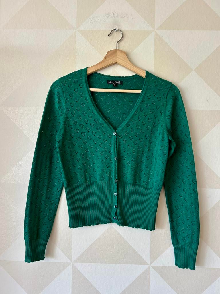King Louie Cardi V Ajour vest hart donkergroen M/38 zgan, Kleding | Dames, Truien en Vesten, Ophalen of Verzenden, Zo goed als nieuw