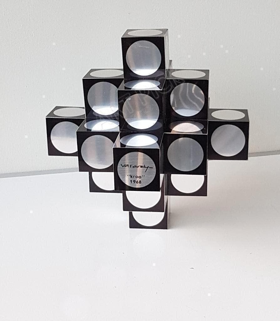 VASARELY Kroa Arg 1968 sculptuur hout aluminium gesigneerd, Ophalen