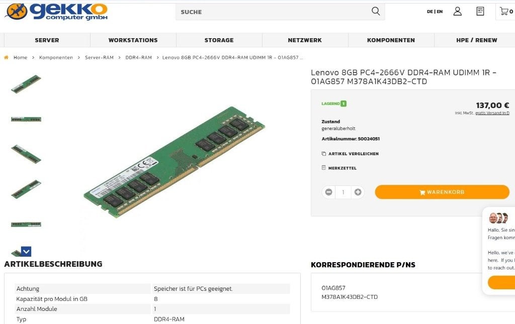 2 stuks 8GB SAMSUNG Lenovo DDR4 2666mhz Pc Gaming  geheugen, DDR4, Ophalen of Verzenden, Zo goed als nieuw, Desktop