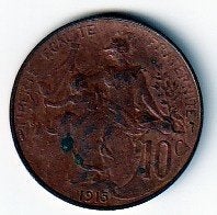 10  cent  1915  Frankrijk. km. 843  ( 0,60 euro ), Ophalen of Verzenden, Frankrijk, Losse munt