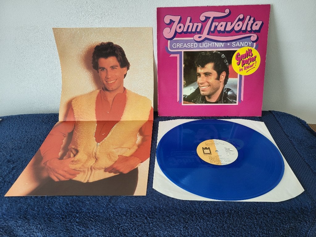 John Travolta greased lightnin' blauwe vinyl lp/elpee+poster, Verzenden, Zo goed als nieuw, Overige formaten