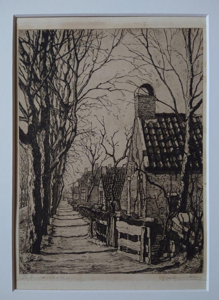 Ets Johan Hemkes februarizon Nes Ameland 1926 - Scheen, Origineel, Ets, Stadsgezicht, Ophalen of Verzenden