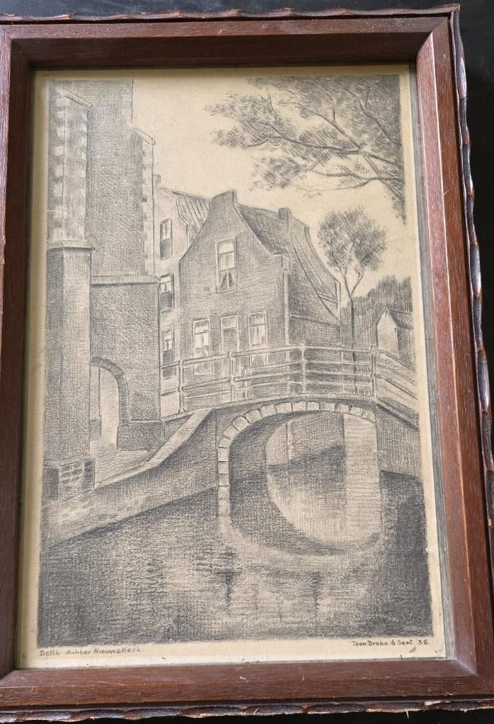 Orginele tekening "achter nieuwe kerk" in Delft, Antiek en Kunst, Ophalen