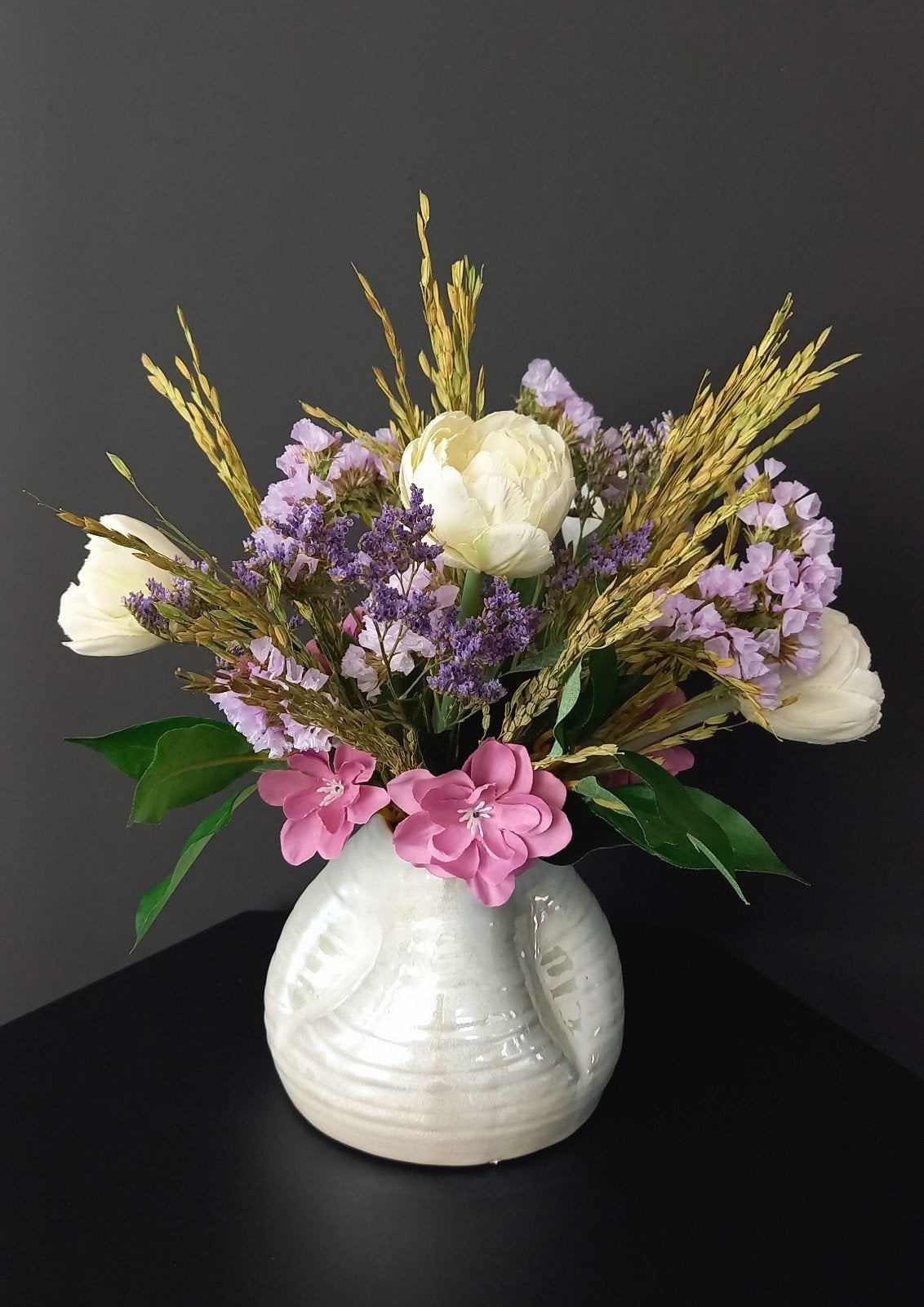 Kunst- en Droogbloemen gebonden boeket met witte vaas H32cm, Ophalen of Verzenden, Nieuw