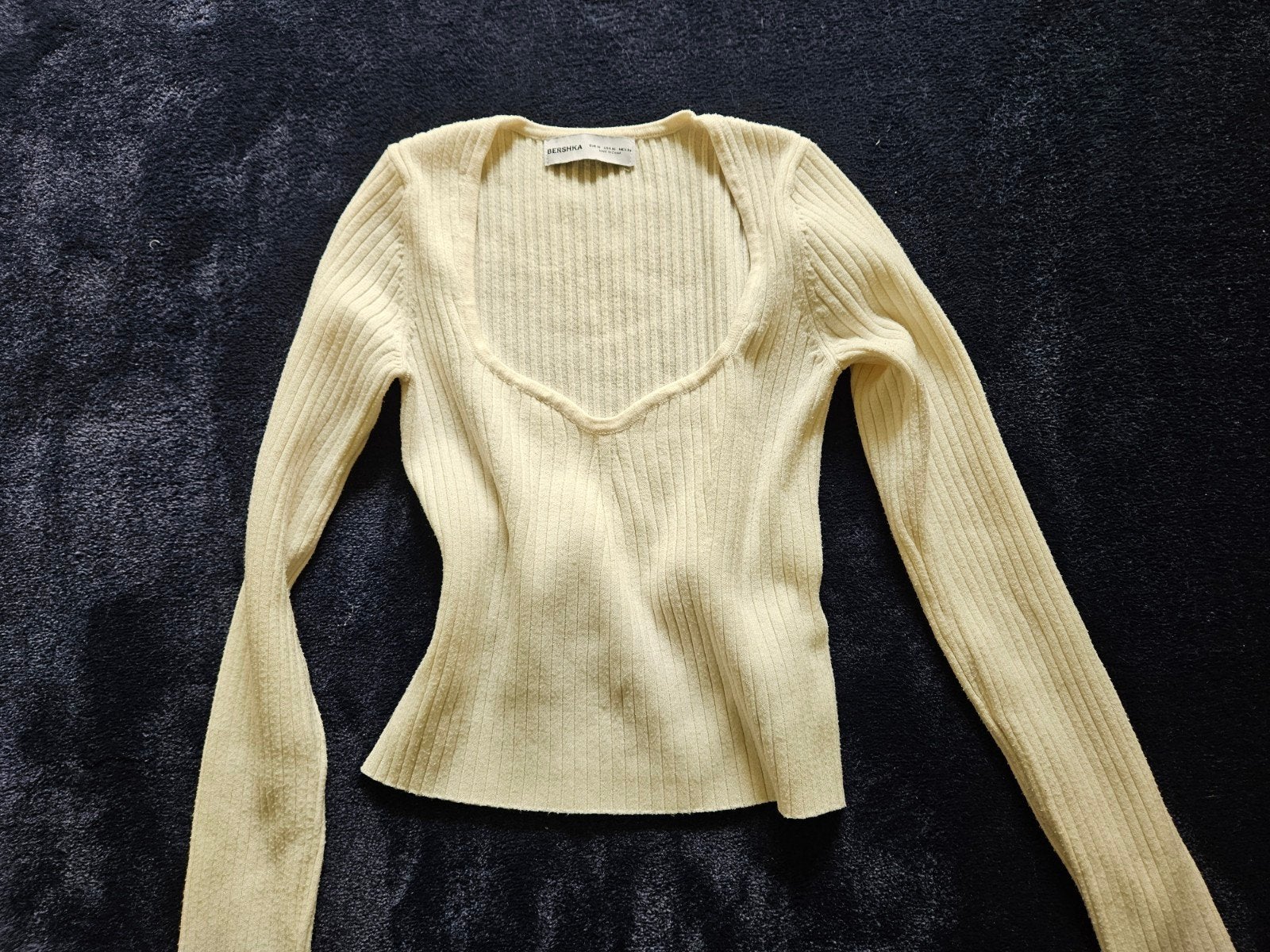 Bershka geribbelde top met lange mouwen en vierkante hals, Maat 38/40 (M), Beige, Lange mouw, Gedragen