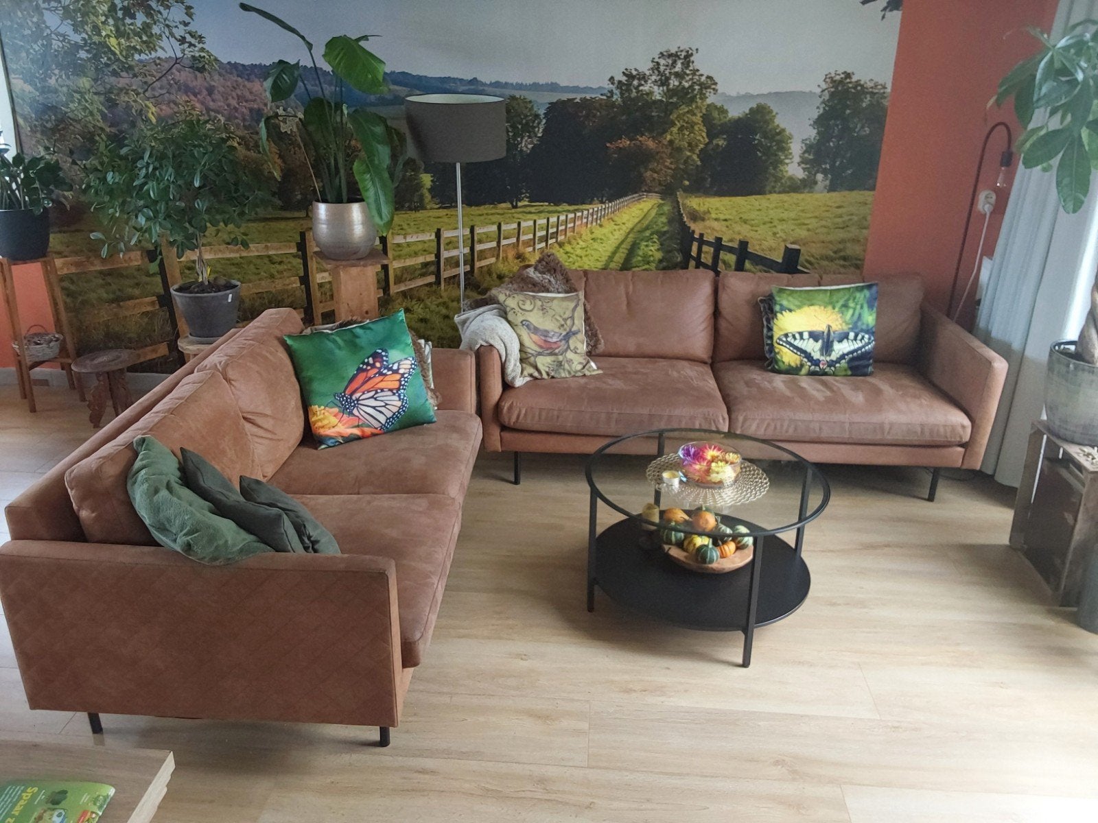 Bankstel zithoek 2 zits & 3 zits Cognac kleur, Ophalen, Gebruikt, Kunststof, Retro