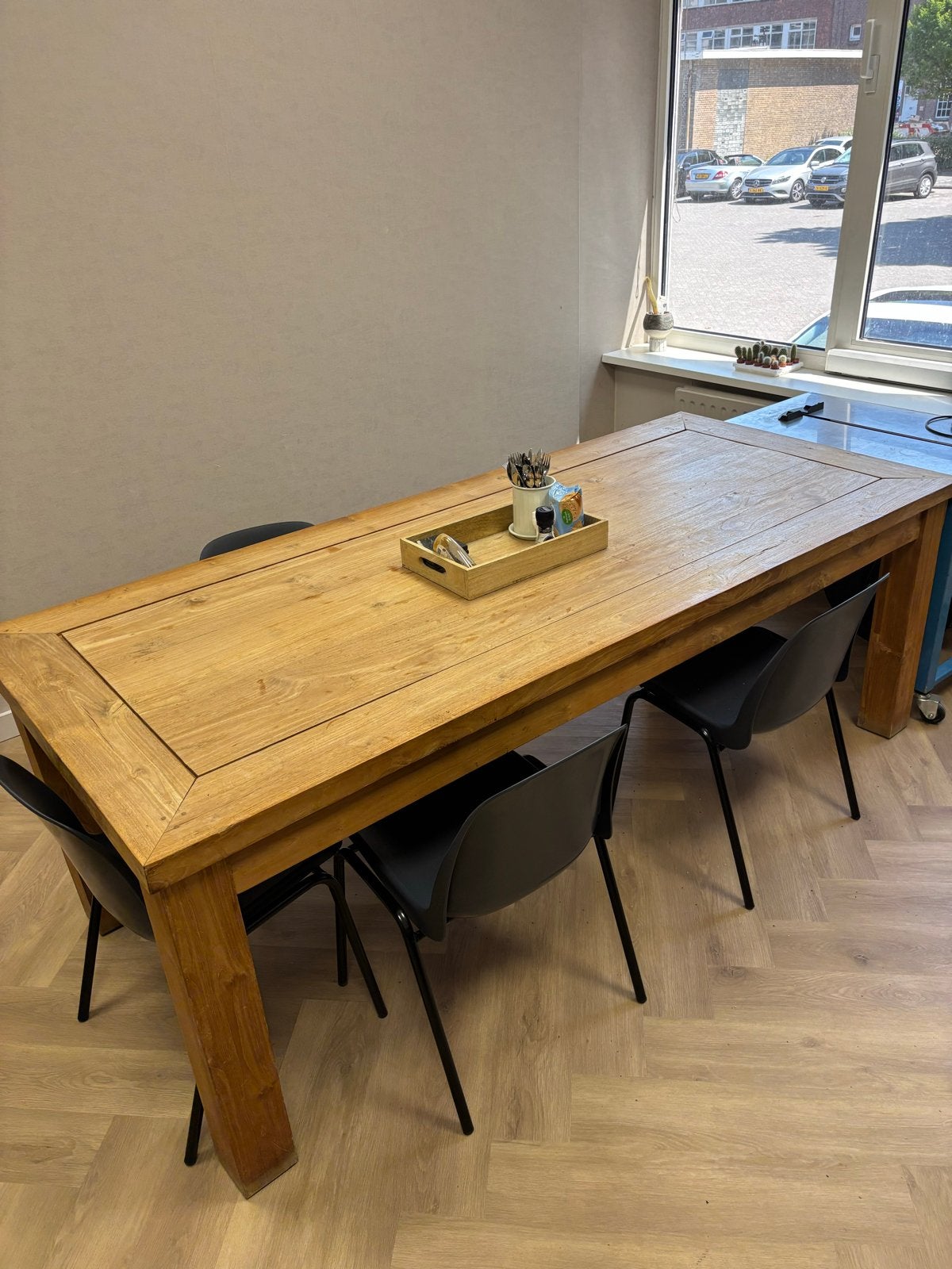 Robuuste houten eettafel 230x100 cm - 6-8 personen, Ophalen, Gebruikt, 100 tot 150 cm, 200 cm of meer