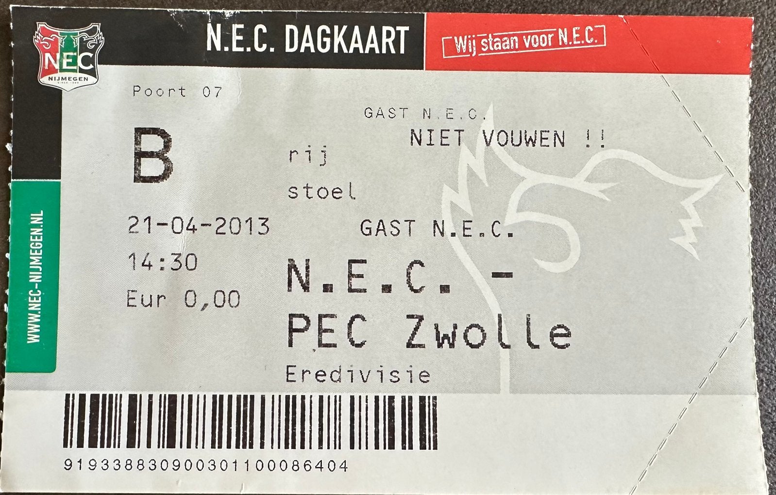 Ticket 12-13 NEC - PEC Zwolle, Verzenden, Gebruikt, Overige binnenlandse clubs, Overige typen