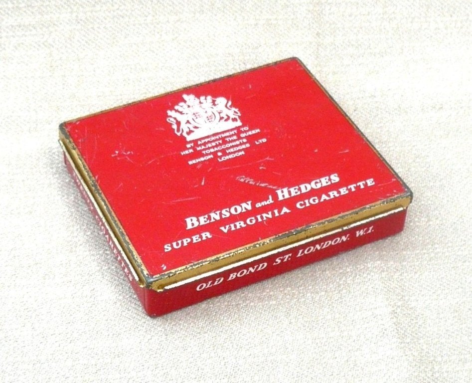 Blikje (leeg) Benson & hedges super virginia cigarette 2e ., Ophalen of Verzenden, Gebruikt, Tabaksdoos of Verpakking