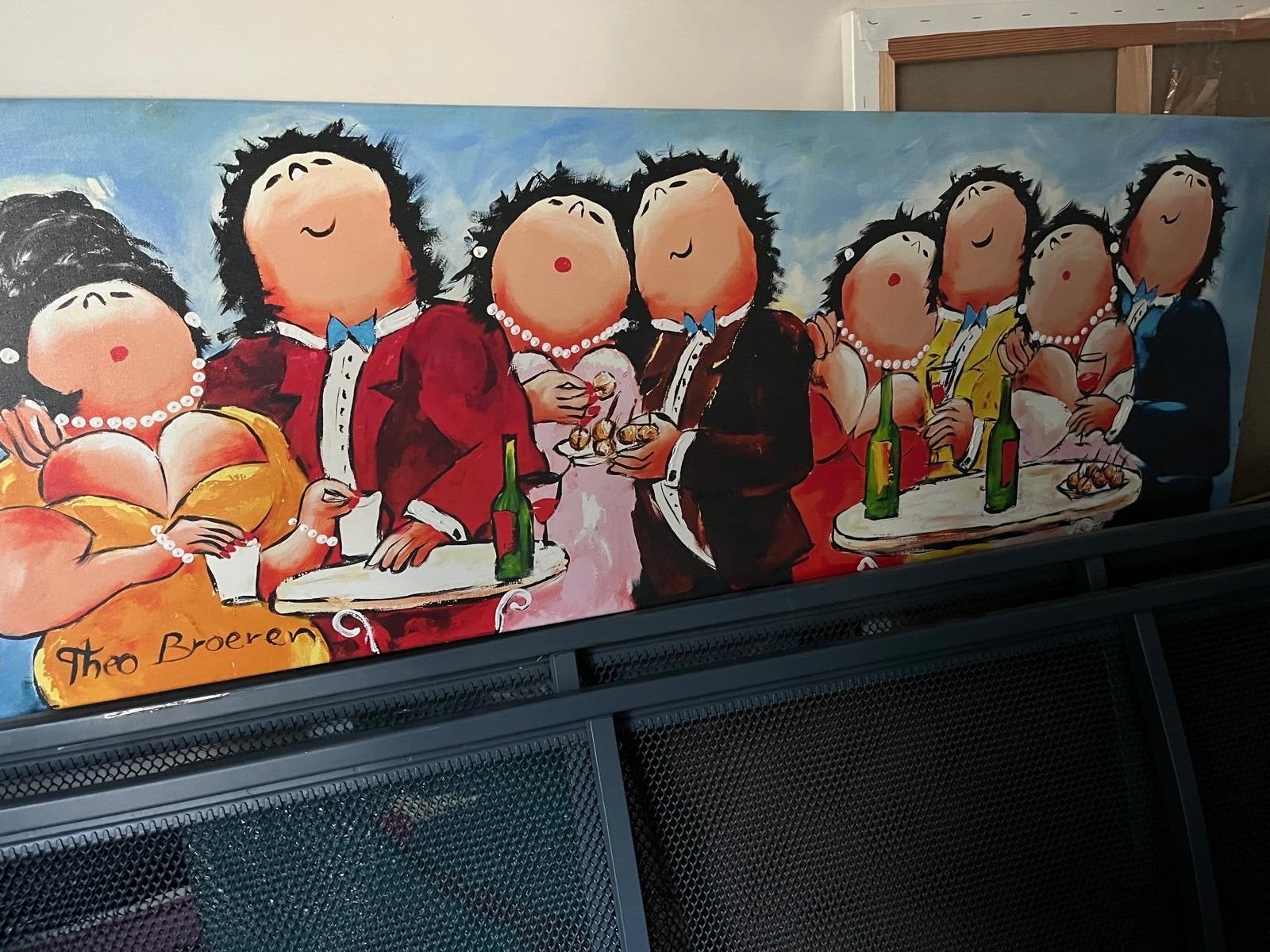 Theo Broeren schilderij 50x150 - Feestelijke figuren, Figuren, Handgeschilderd, Ophalen of Verzenden, Olieverf