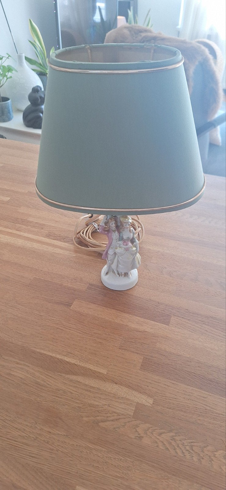 Vintage porseleinen tafellamp met mintgroene kap, Ophalen of Verzenden