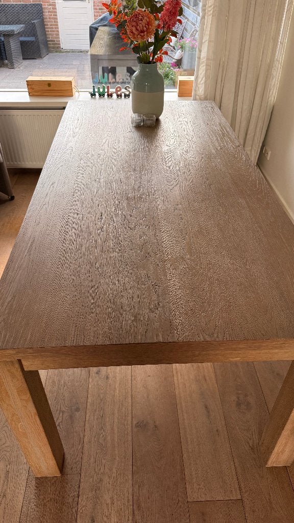 Eetkamer tafel (+ 6 stoelen), Ophalen, Gebruikt, 100 tot 150 cm, Eikenhout