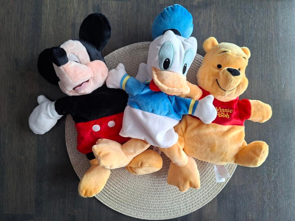 Set luxe handpoppen Disney VRIJWEL NIEUW Donald Mickey Poeh, Ophalen of Verzenden, Zo goed als nieuw, Overige typen