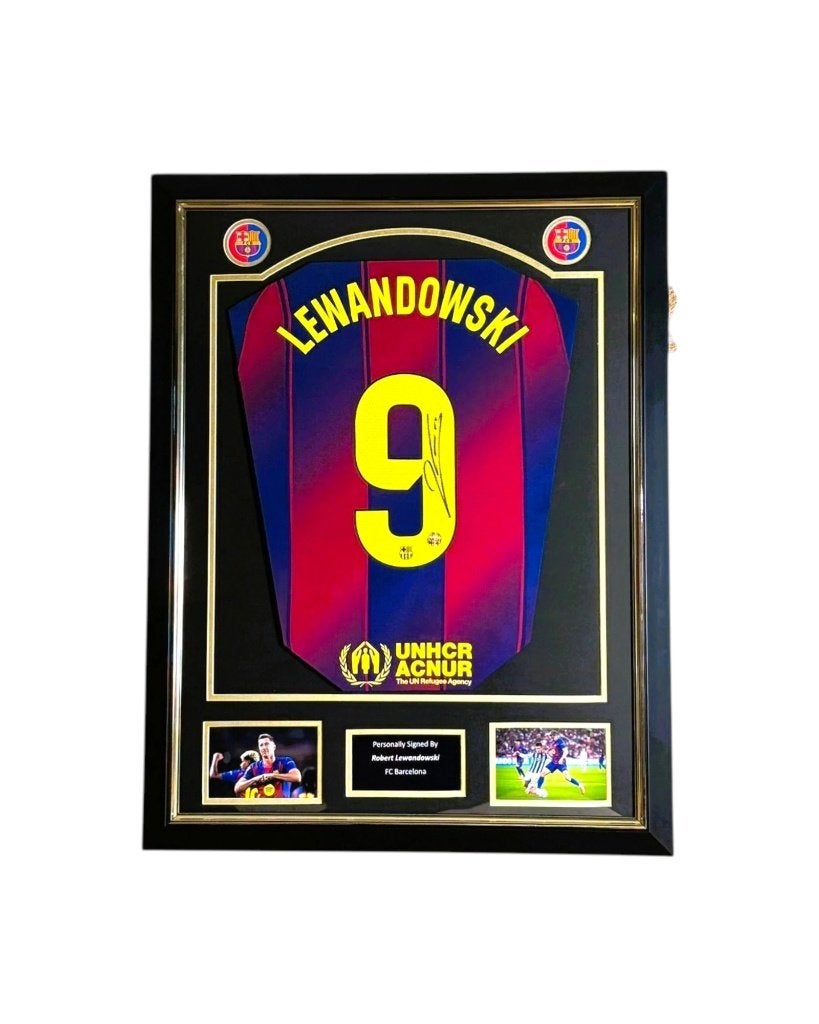 Lewandowski gesigneerd Barcelona 2025-shirt Deluxe Frame, Verzamelen, Buitenlandse clubs, Shirt, Info@sportmemorabilianetherlands.com