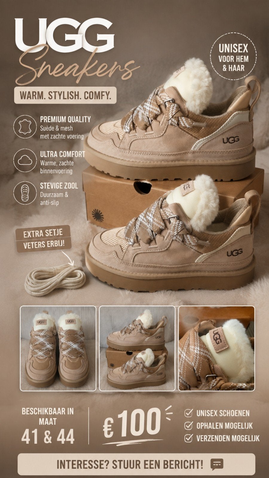 Nieuwe UGG Sneakers - Maat 41 - Warm en Stijlvol, Ugs, Beige, Nieuw, Ophalen of Verzenden