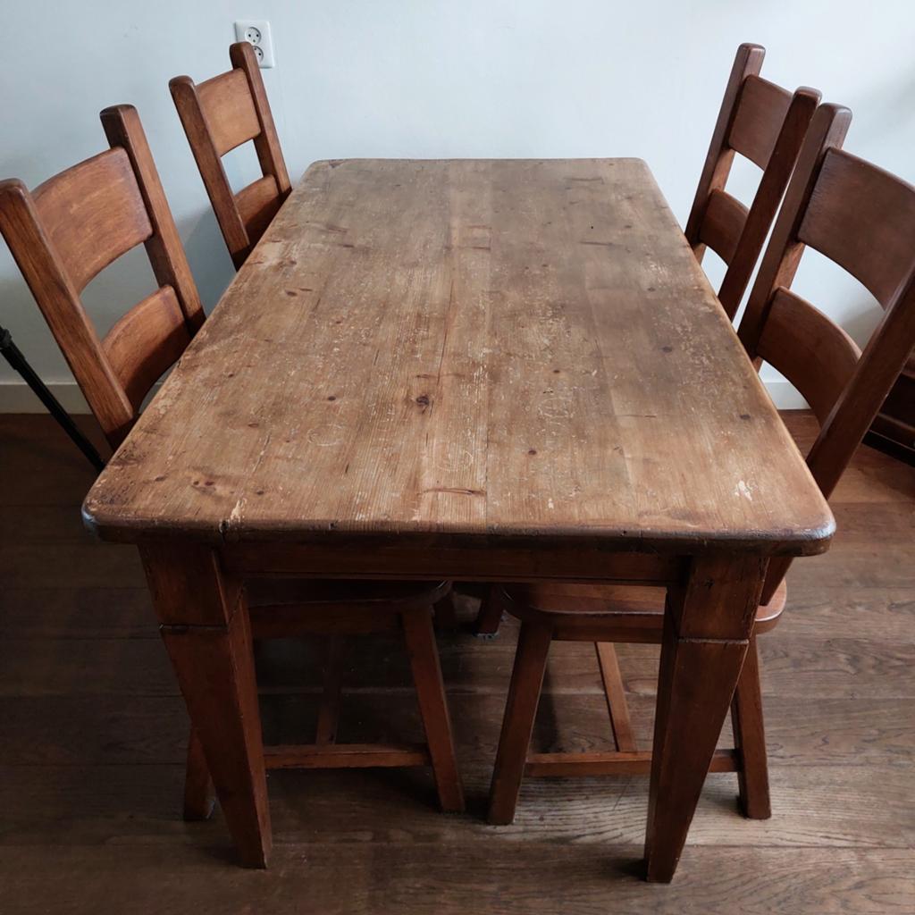 Tafel met 4 stoelen, Huis en Inrichting, Complete eetkamers, Ophalen, Gebruikt, Grenen tafel en 4 eiken stoelen, 4 tot 6 stoelen