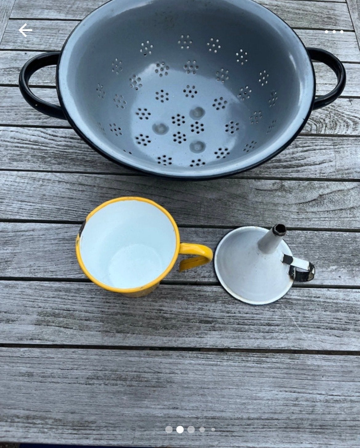 Vintage emaille vergiet, trechter en mok, Antiek en Kunst, Verzenden