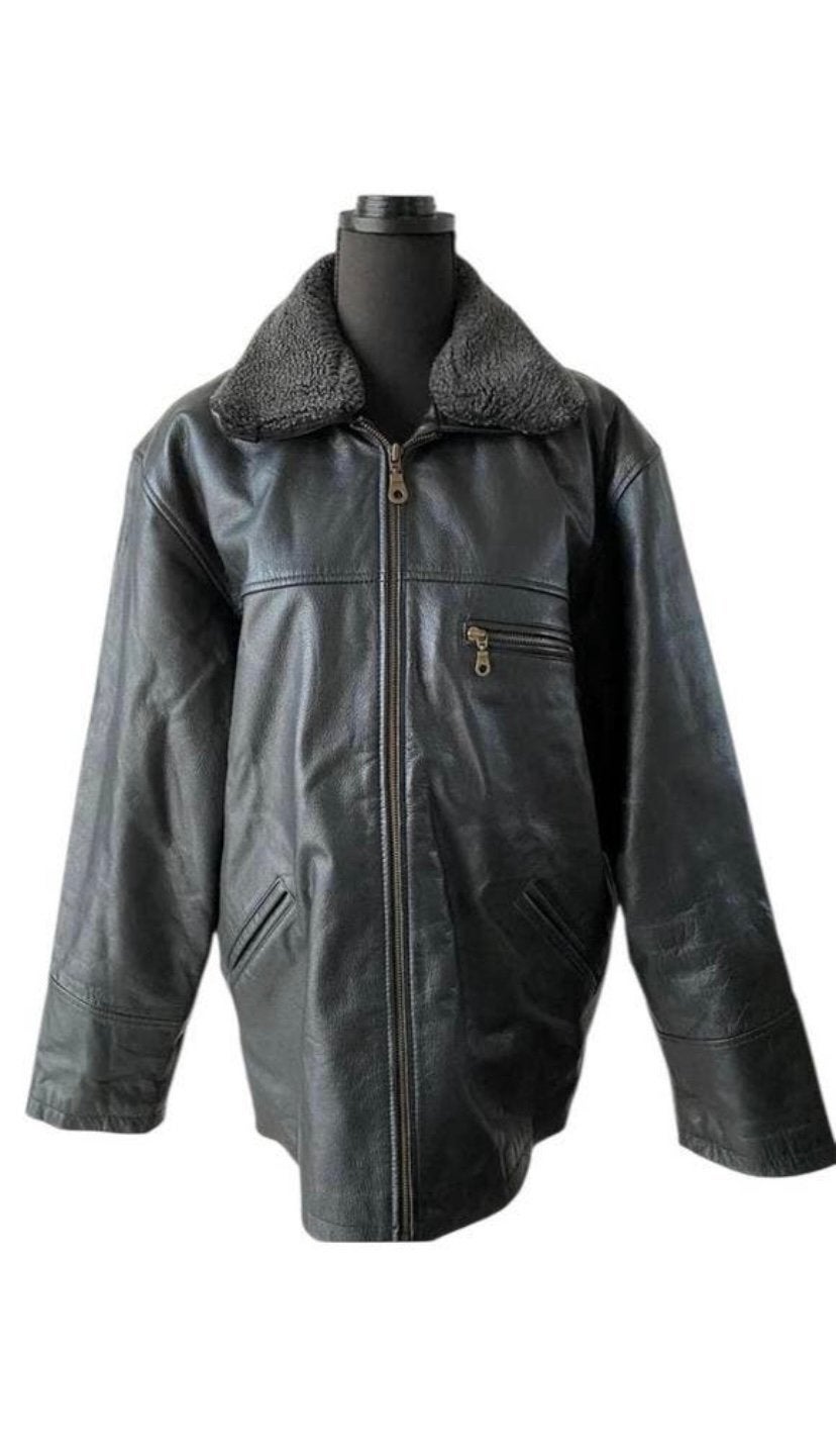 Zwarte leren jas met verwijderbare bontkraag, maat M, Kleding | Heren, Jassen | Winter, Ophalen of Verzenden, Zo goed als nieuw