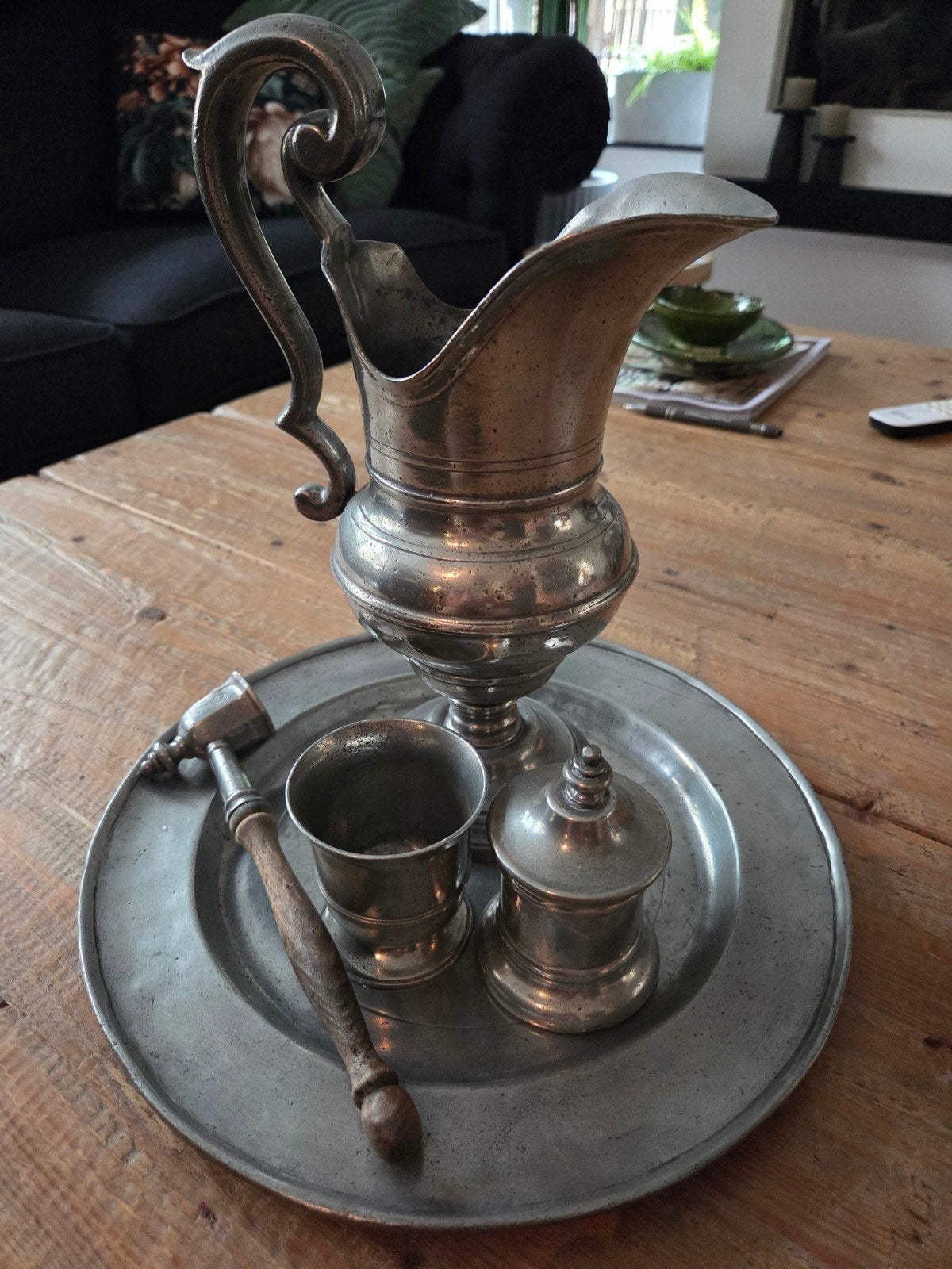 tin stel, kan bord kannetje potje en kaarsdover, Antiek en Kunst, Ophalen