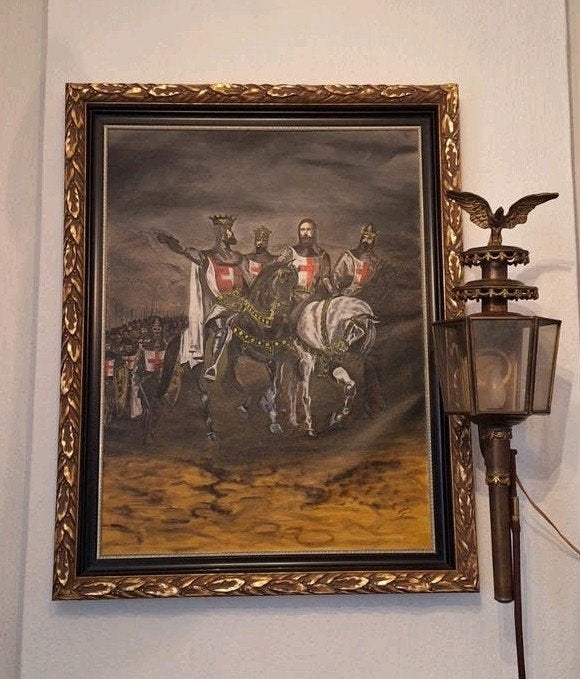 Oud schilderij: Ridders te Paard in Gouden Lijst, Ophalen