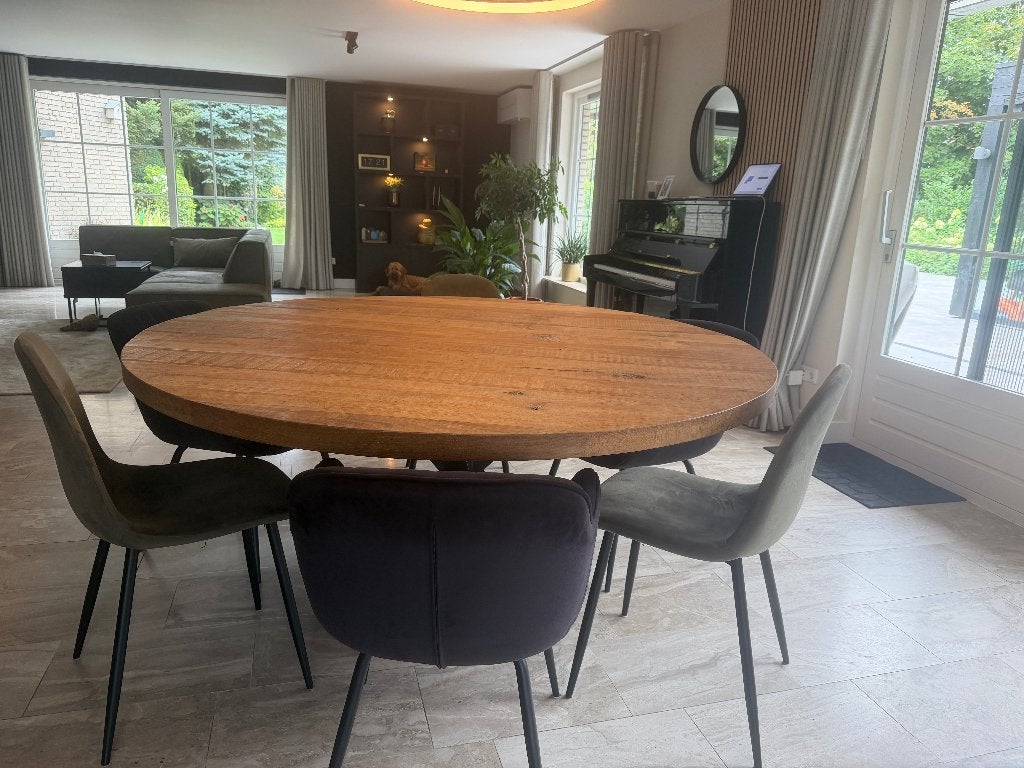 Massief Eiken Eettafels Rond - Matrix Poot, Ophalen, Gebruikt, 150 tot 200 cm, Vijf personen of meer