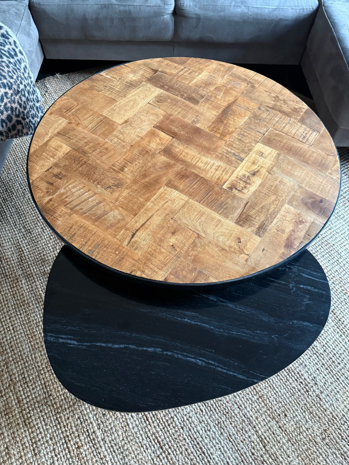 Salontafel set marmer en vissengraat hout zwart goud, Huis en Inrichting, Tafels | Salontafels, Ophalen, Zo goed als nieuw, Rond