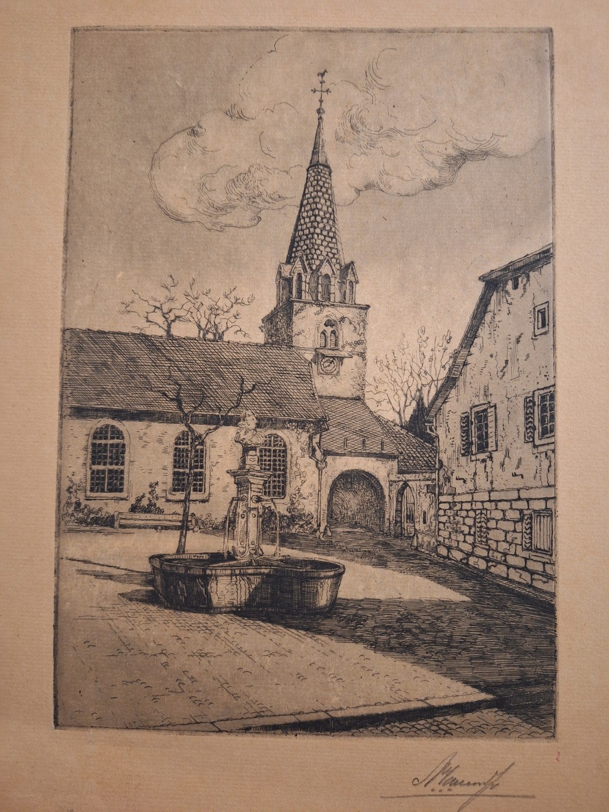 Gesigneerde ets van waterput en kerk, Antiek en Kunst, Ets, Stadsgezicht, Ophalen of Verzenden, Gesigneerd