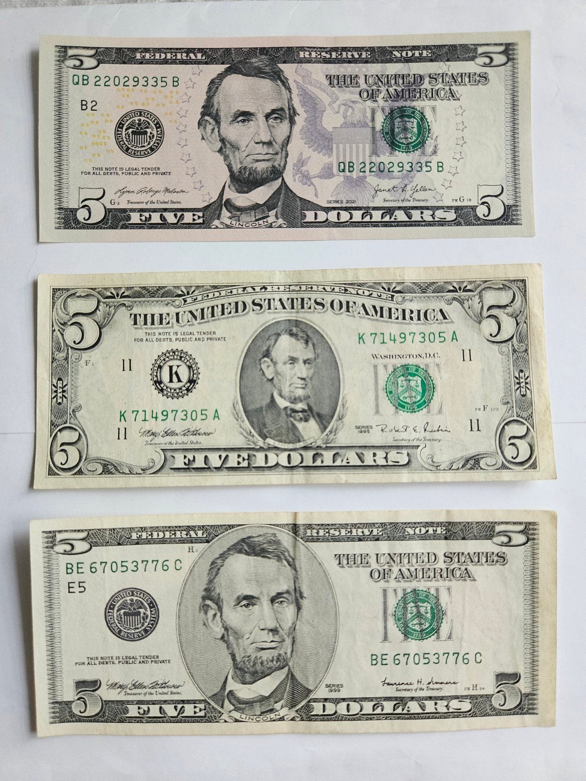 3x 5 dollars USA set verschillende jaren, Ophalen of Verzenden, Noord-Amerika, Setje
