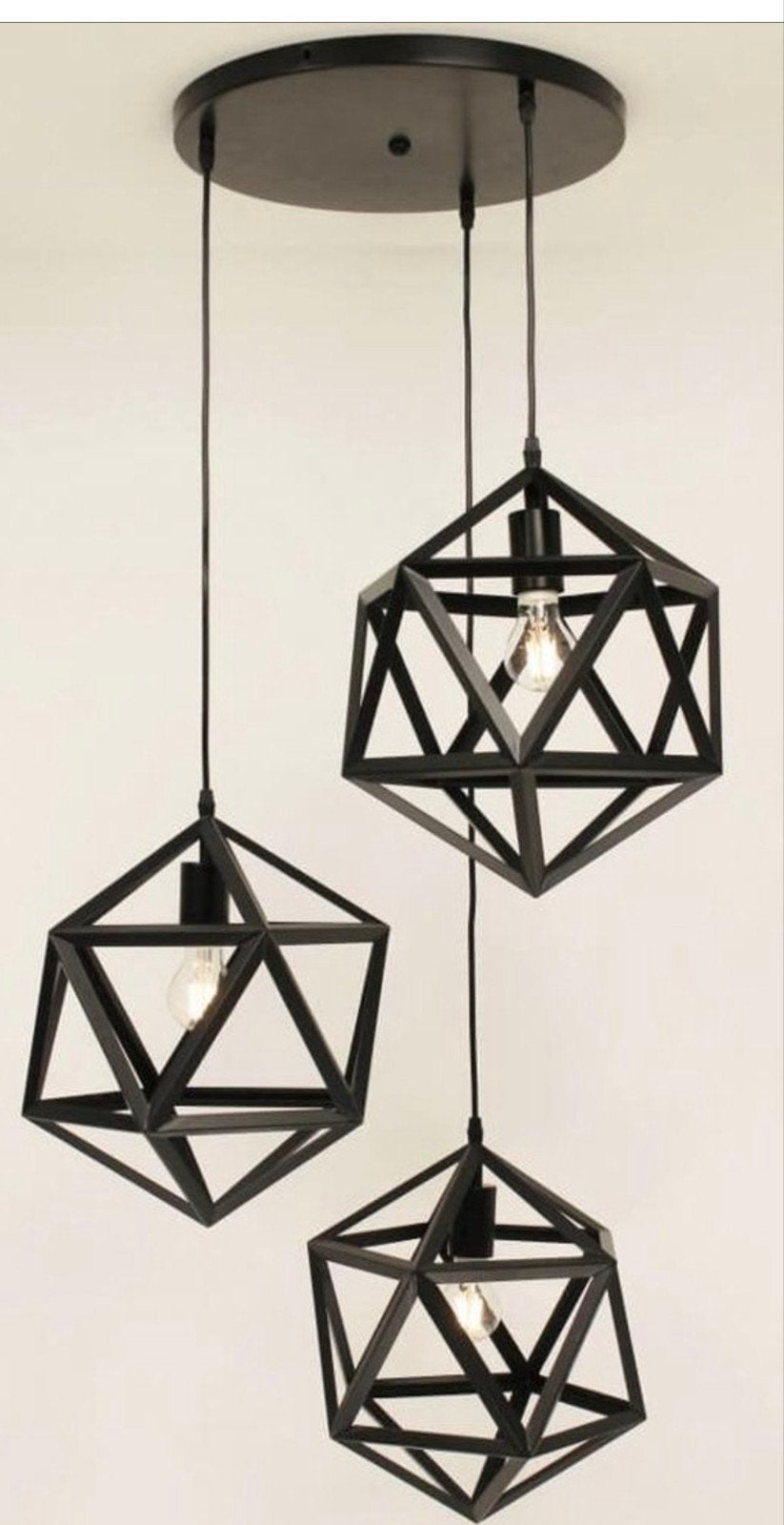Industriële hanglamp met 3 geometrische kappen, Huis en Inrichting, Lampen | Hanglampen, Ophalen, Zo goed als nieuw, Industrieel, Modern, Geometrisch