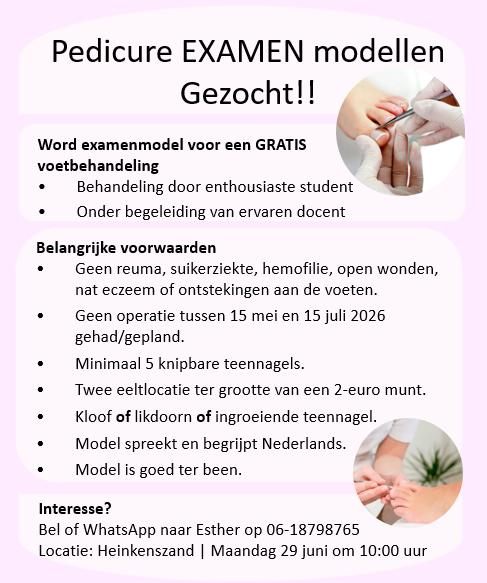 Gratis Pedicurebehandeling - Examenmodellen gezocht, Variabele uren, Overige niveaus, Starter, Overige vormen