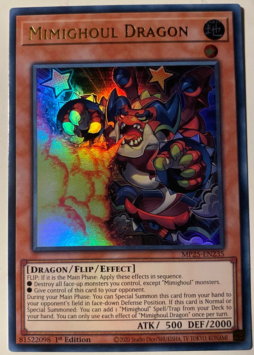 Yu-Gi-Oh! Mimighoul Dragon MP25 1st Edition !, Ophalen of Verzenden, Zo goed als nieuw, Losse kaart, Foil