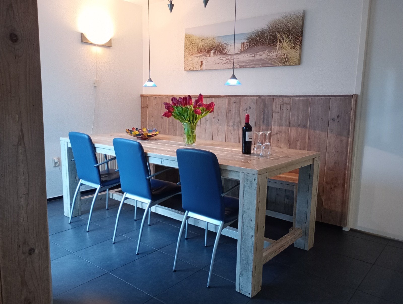 Complete steigerhouten eethoek met bank en 3 stoelen, Huis en Inrichting, Ophalen, Gebruikt, Modern, Landelijk, Steigerhout, Minder dan 4 stoelen