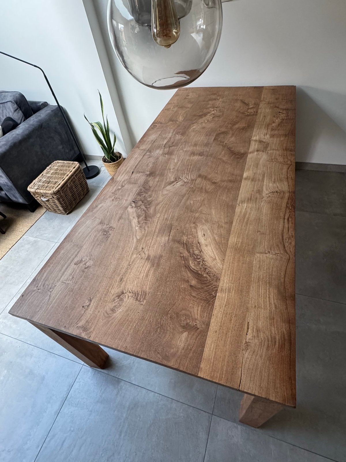 Robuuste houten eettafel (teak) met blokpoot, Huis en Inrichting, Tafels | Eettafels, Ophalen, Gebruikt, Teakhout, 200 cm of meer