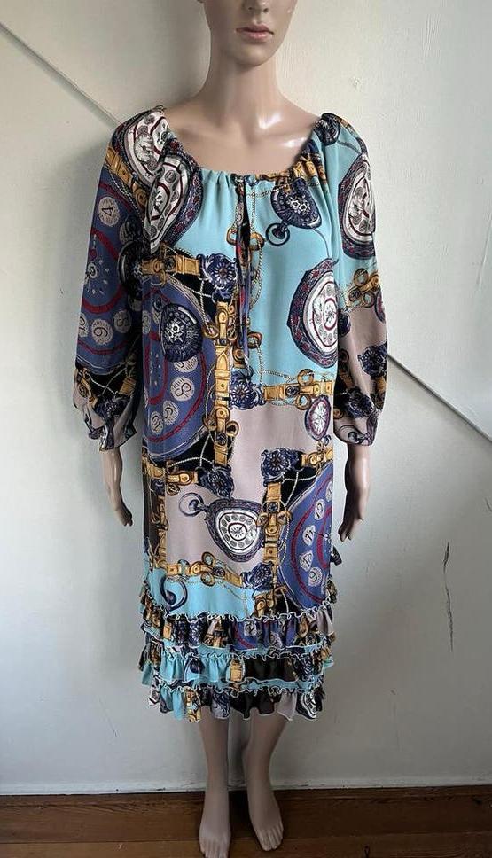 Only-M jurk maat L blauw print klokken multicolor, Kleding | Dames, Blauw, Maat 42/44 (L), Ophalen of Verzenden, Zo goed als nieuw