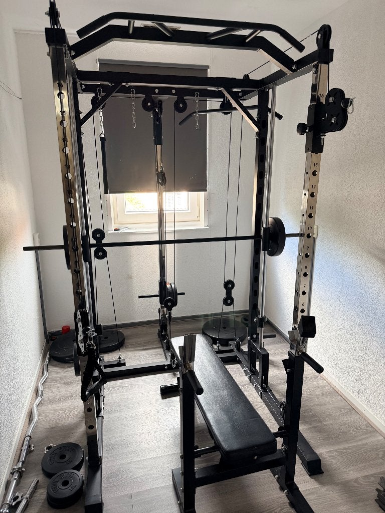 Power rack kabel + smithmachine + halterbank, Ophalen, Benen, Krachtstation, Zo goed als nieuw